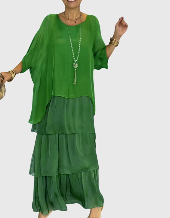 Stylish women's relaxed fit button-up maxi dress, a perfect wedding guest or event outfit.