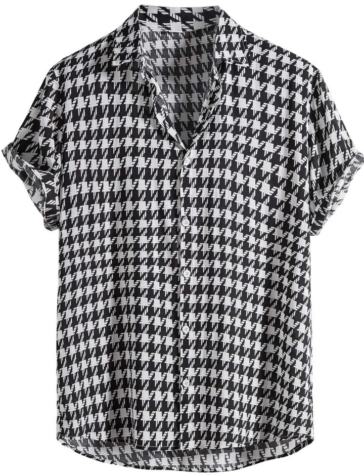 Women's stylish houndstooth button-up shirt. Cotton blend, long sleeve, relaxed fit for casual chic.