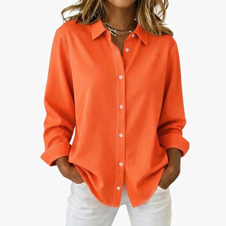 Professional yet casual women's collared shirt, long sleeve, and relaxed fit for office or daily wear.