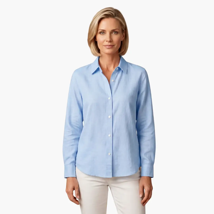 Modern women's button-up casual shirt with long sleeves and a relaxed fit, a true wardrobe essential.
