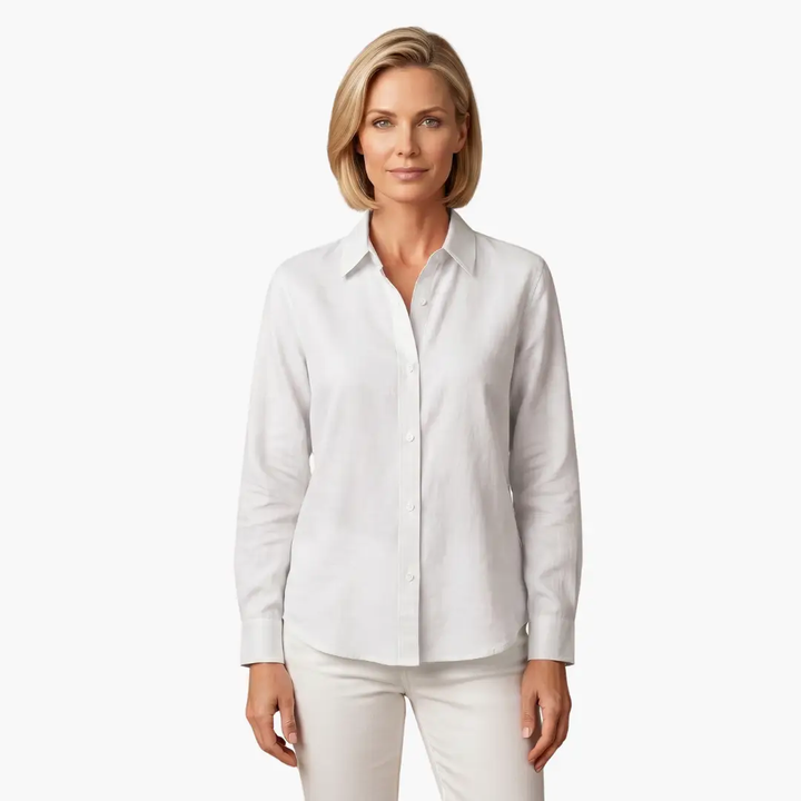 Stylish women's long sleeve collared shirt with a comfortable relaxed fit, ideal for everyday chic.