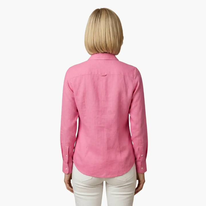 Women's long sleeve collared button-up blouse, offering a relaxed fit for versatile styling options.