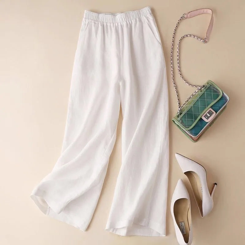 Women's relaxed fit cotton linen blend trousers with wide leg design, perfect for comfortable summer casual wear.