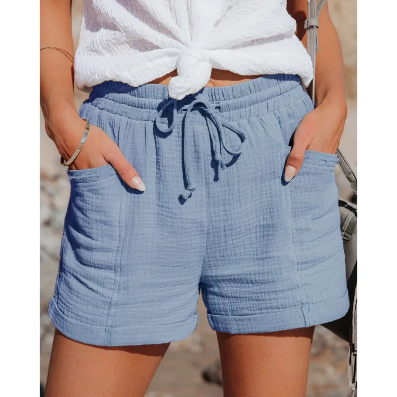 Stylish women's pull-on casual shorts with drawstring waist, perfect for summer fashion & vacation wear.