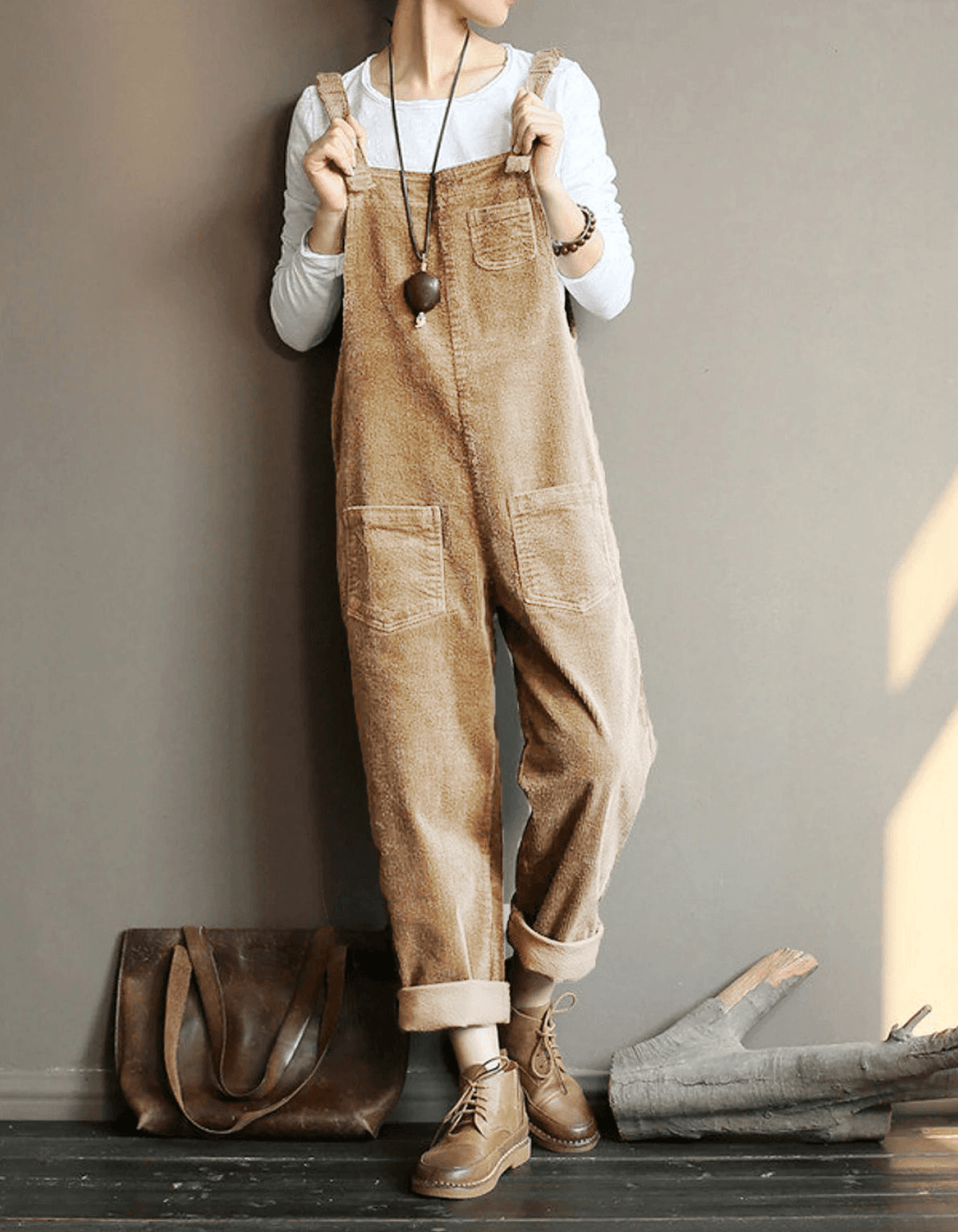 Comfortable women's dungaree jumpsuit, relaxed fit & wide leg, great for autumn fashion & winter layering.