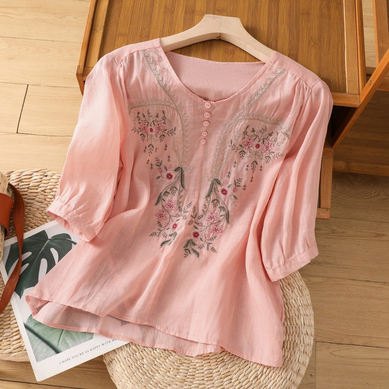 Elegant women's floral embroidered long sleeve blouse in a relaxed fit, ideal for summer style & casual outings.