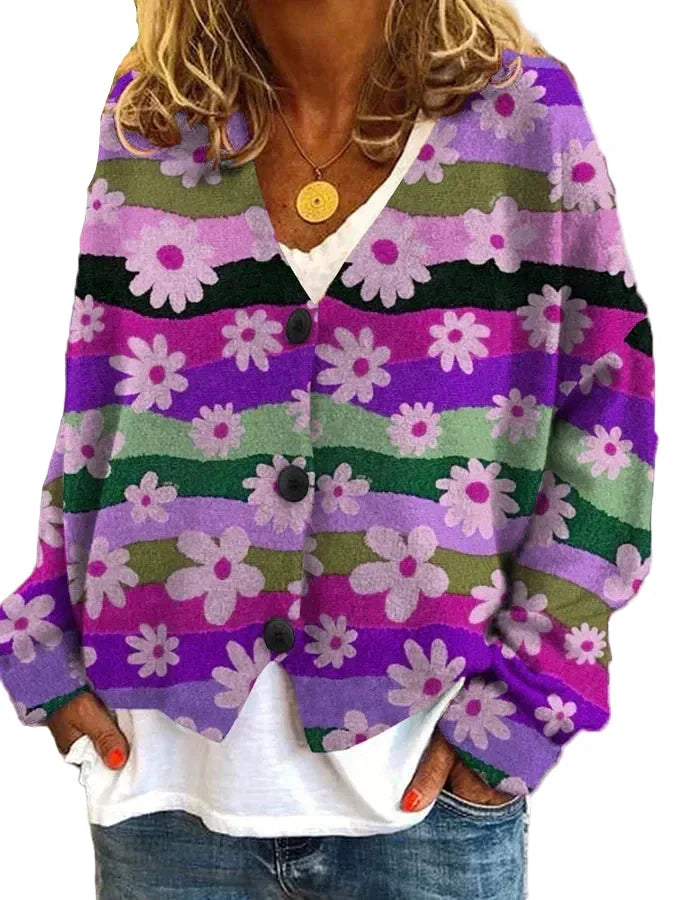 Women's relaxed fit floral stripe button-up cardigan. Stylish knitwear for casual layering.