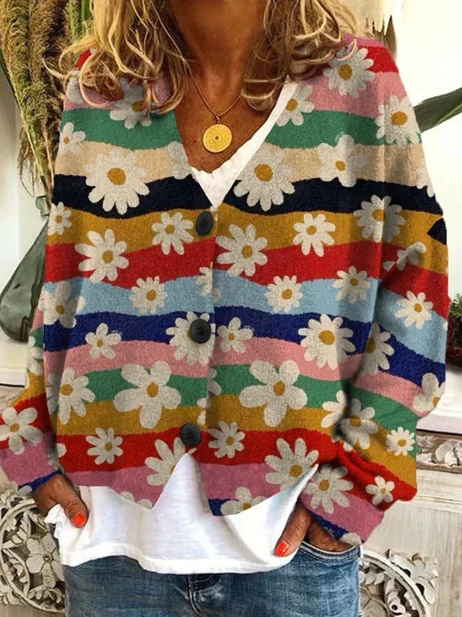 Colorful women's cardigan with floral & stripe pattern. Comfortable, relaxed fit knitwear for everyday style.