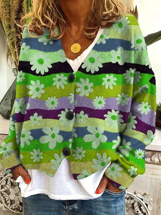 Comfortable women's floral stripe cardigan. Relaxed fit, button-up design, ideal for stylish casual layering.