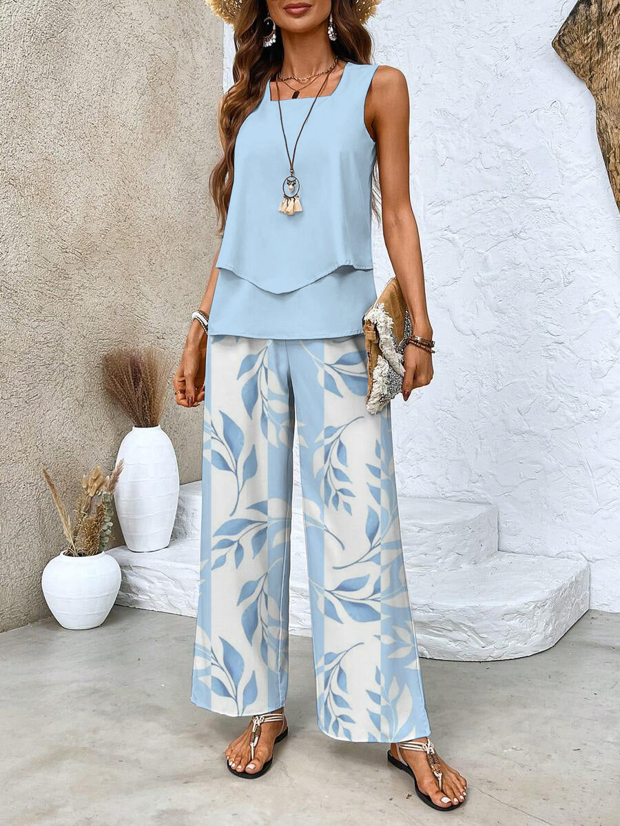 Women's relaxed fit flowy wide leg pants & sleeveless tank top matching set. Comfortable casual summer loungewear.
