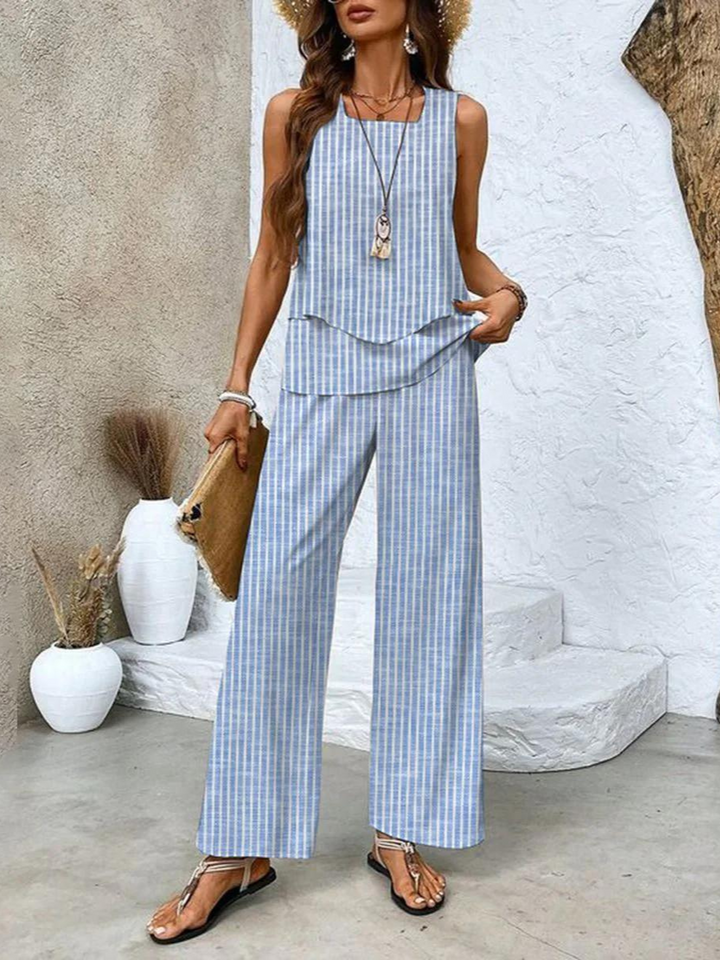 Women's casual 2-piece matching set: flowy wide leg pants & sleeveless tank top. Comfortable for summer/vacation.
