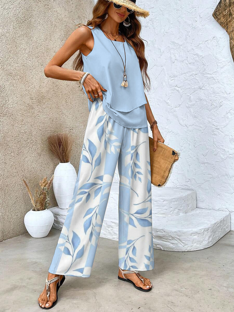 Women's stylish wide leg flowy pants & sleeveless tank top matching set. Relaxed fit design for comfortable fashion.