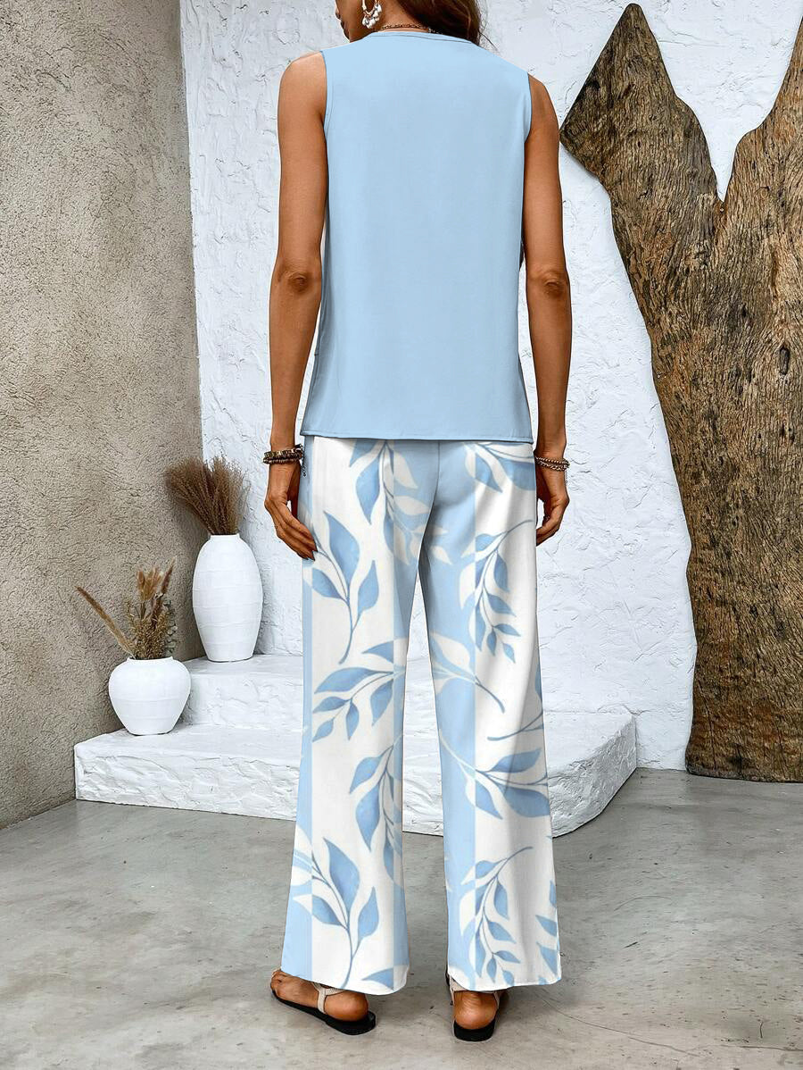 Women's relaxed fit 2-piece set: flowy wide leg pants & tank top. Versatile for loungewear, casual, or vacation.