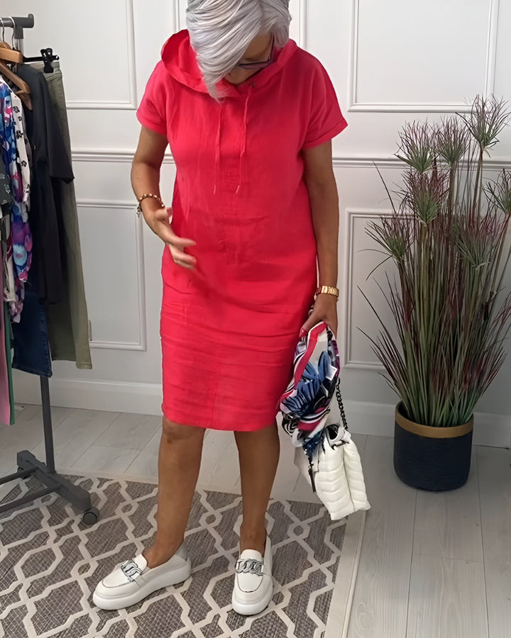Versatile women's midi hoodie dress, ideal for summer and relaxed everyday comfort with adjustable hood.