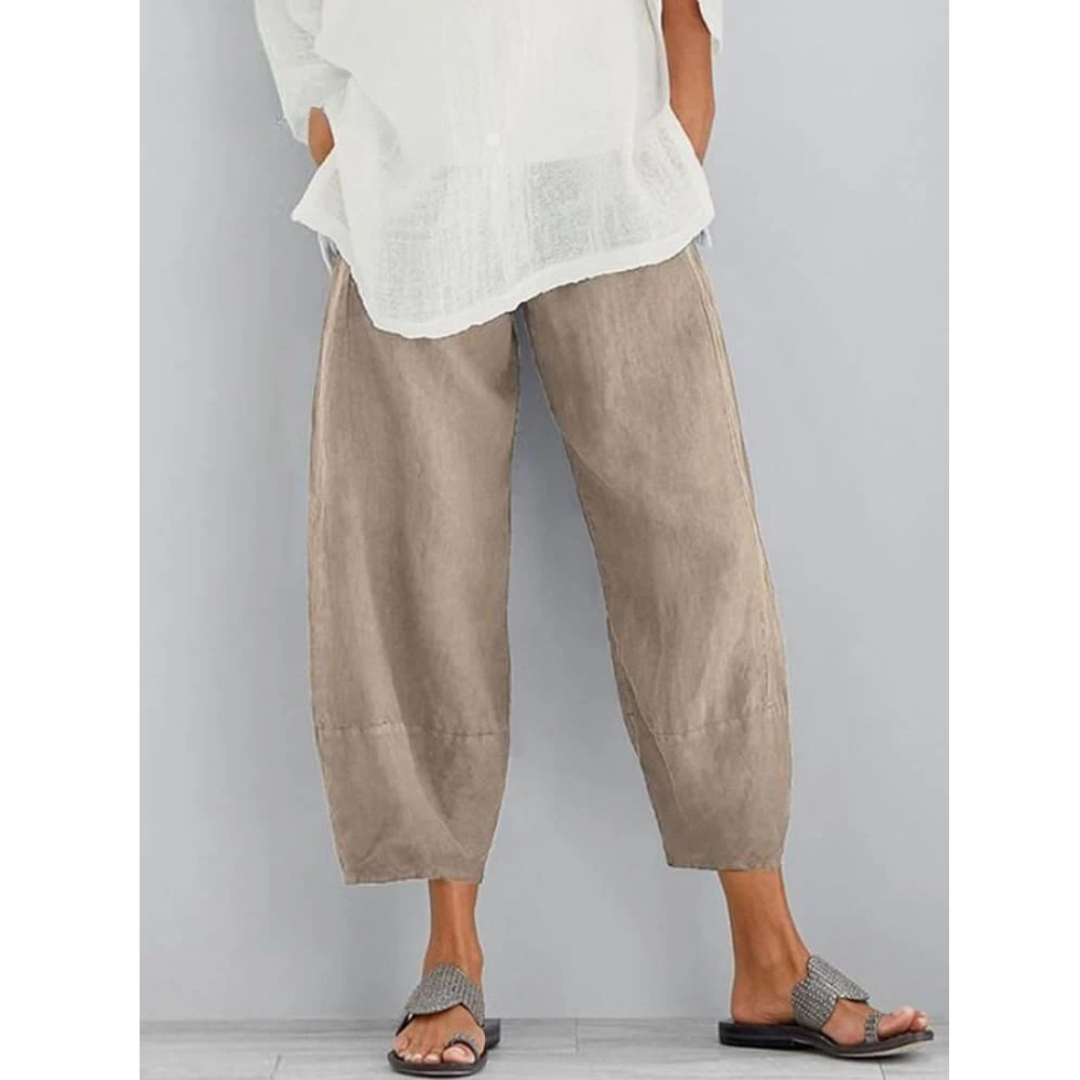 Stylish relaxed fit women's leisure pants in linen, perfect for casual outings and comfort.