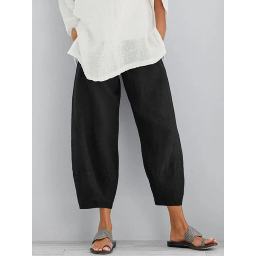 Easy pull-on women's linen pants with a relaxed fit, offering casual style and comfort.