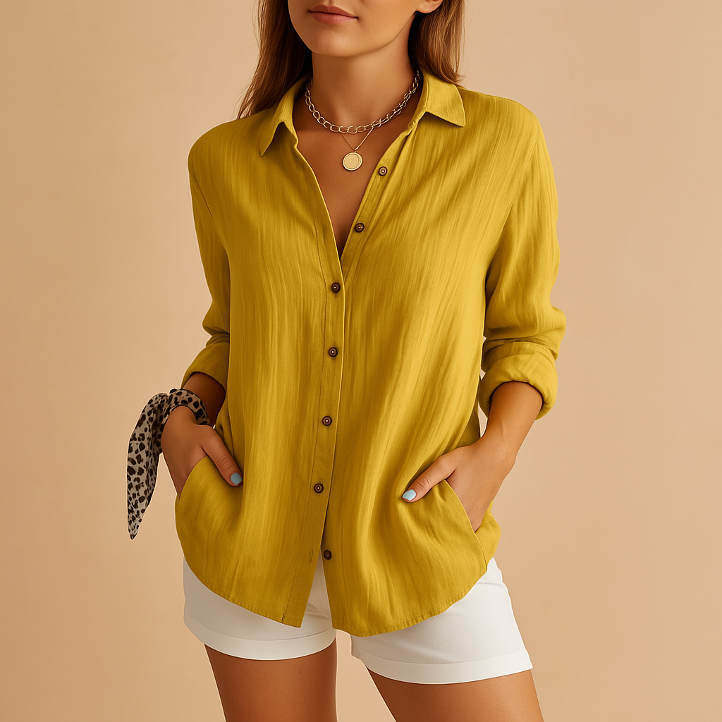 Versatile women's relaxed fit long sleeve button-up blouse, ideal for casual, workwear, and everyday style.