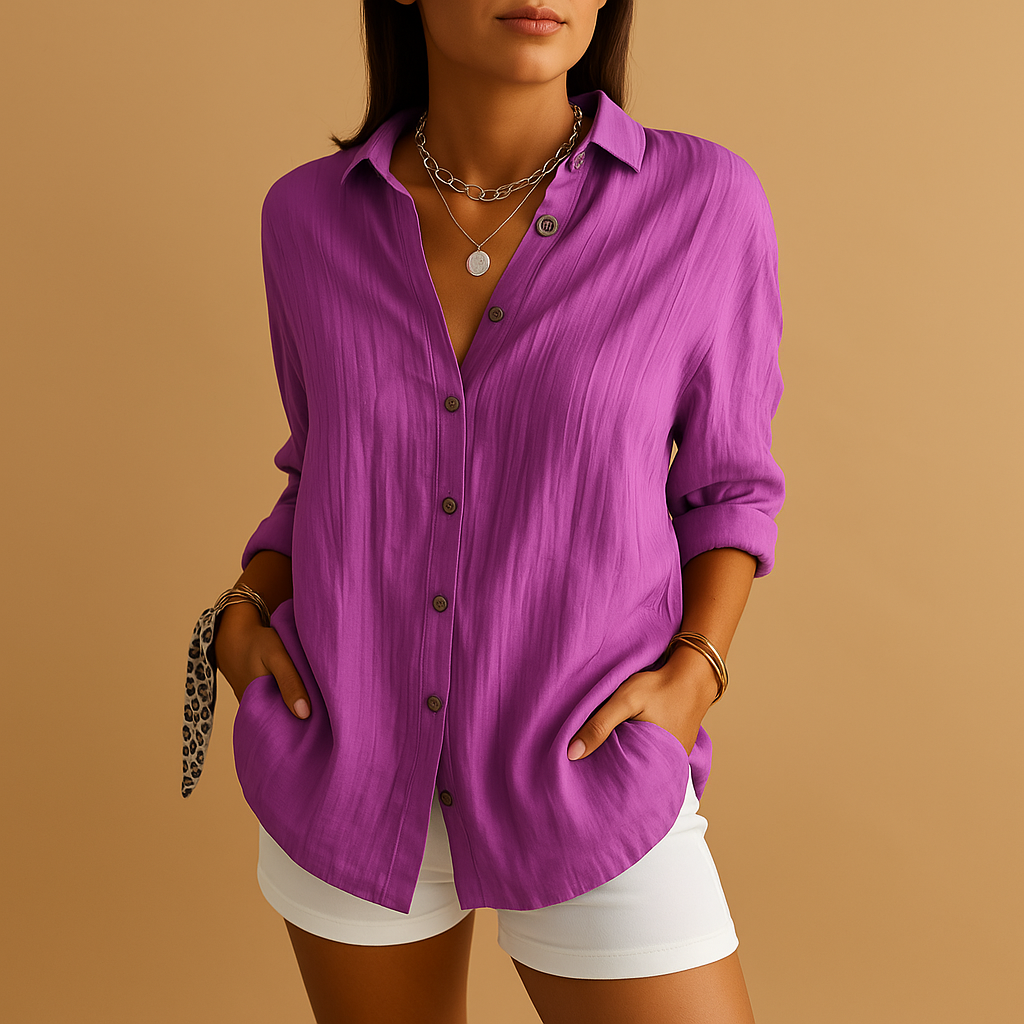 Women's relaxed fit long sleeve button-up blouse. A versatile, comfortable, and stylish women's top for all occasions.