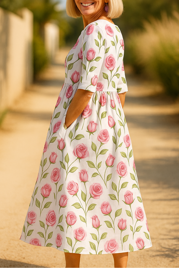Flowy women's midi dress with 3/4 sleeves, ideal for spring & summer casual elegant fashion.