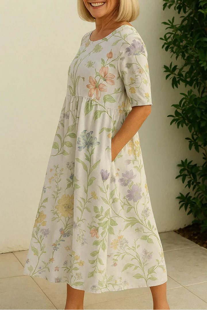Versatile women's midi dress with 3/4 sleeves, relaxed fit for comfortable and elegant everyday spring fashion.