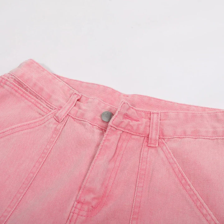 Women's modern pink oversized jeans. Relaxed fit design with stylish panel stitching, perfect for comfortable street style.
