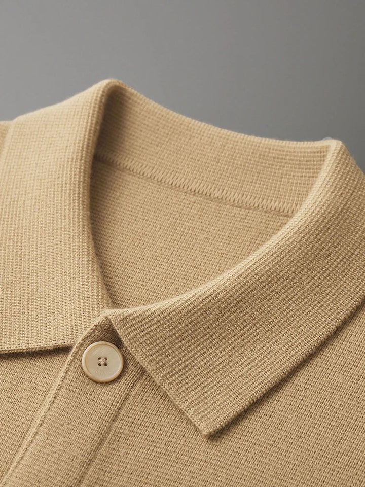 Soft knit women's polo collar cardigan. Relaxed fit, long sleeve sweater for comfortable, sophisticated layering.