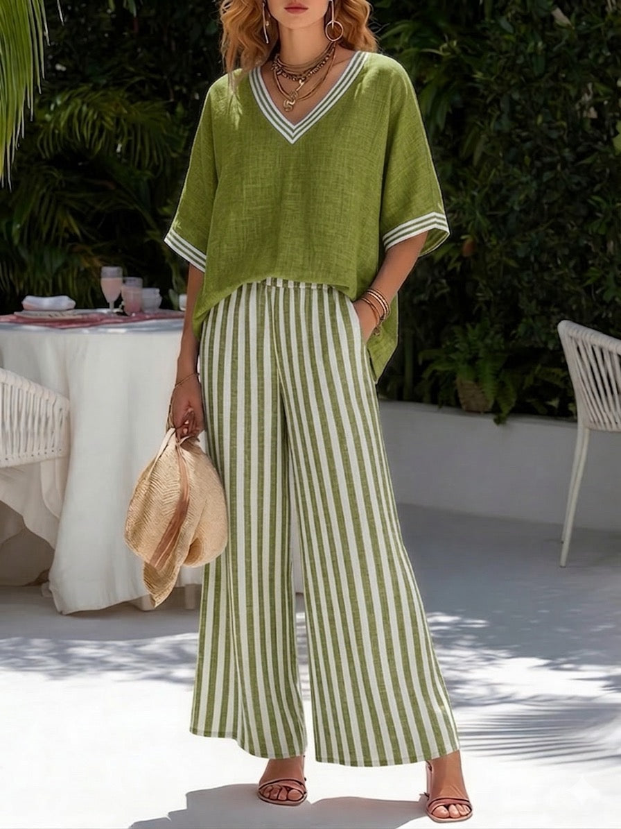 Women's casual striped two-piece set. Relaxed fit V-neck top and wide-leg pants, great for summer fashion.