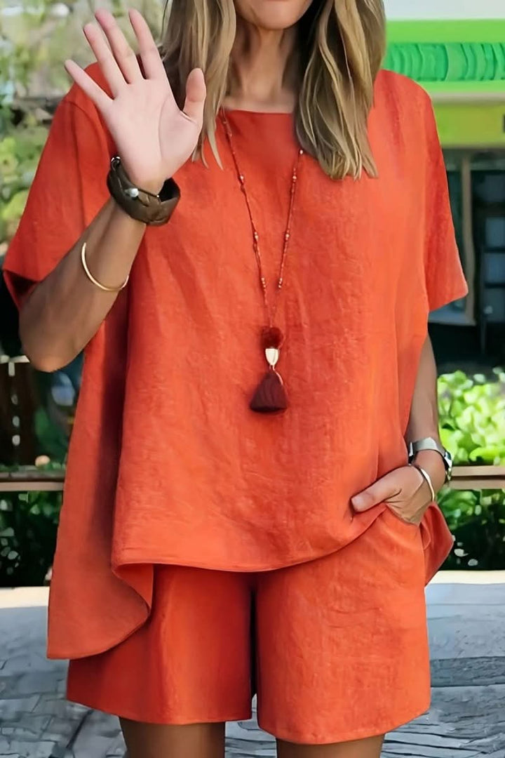 Versatile women's two-piece summer co-ord set. Relaxed fit shorts & top for casual, vacation, and leisure.