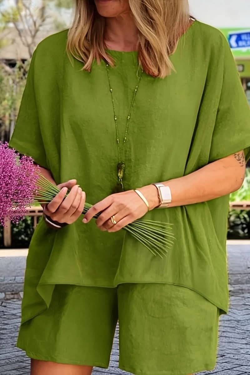 Chic women's relaxed summer shorts co-ord set. Comfortable two-piece leisure outfit for warm weather style.