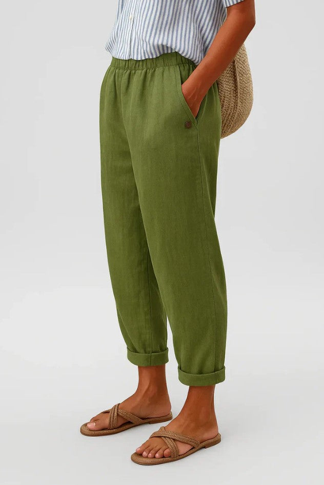 Casual women's relaxed fit pants featuring an elastic waist and straight leg, great for everyday.