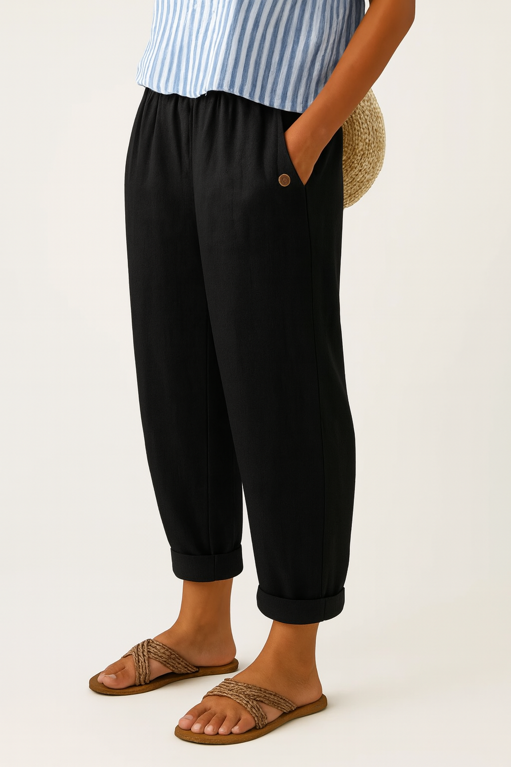Straight leg women's relaxed fit pants, super comfortable with elastic waist for daily wear.