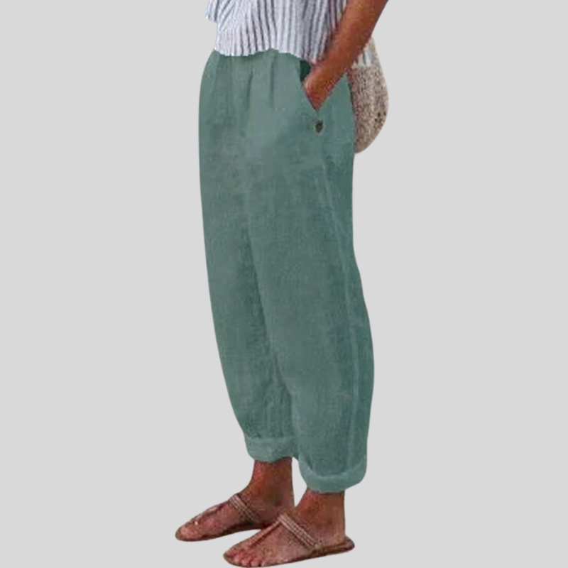 Comfortable women's relaxed fit summer pants with a fashionable folded hem. Great for warm weather everyday wear.