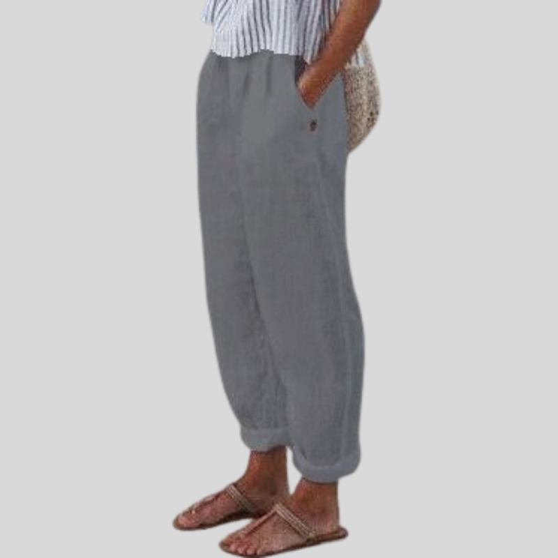 Stylish women's folded hem pants, relaxed and flowing for summer. Perfect for comfort and a chic warm weather look.