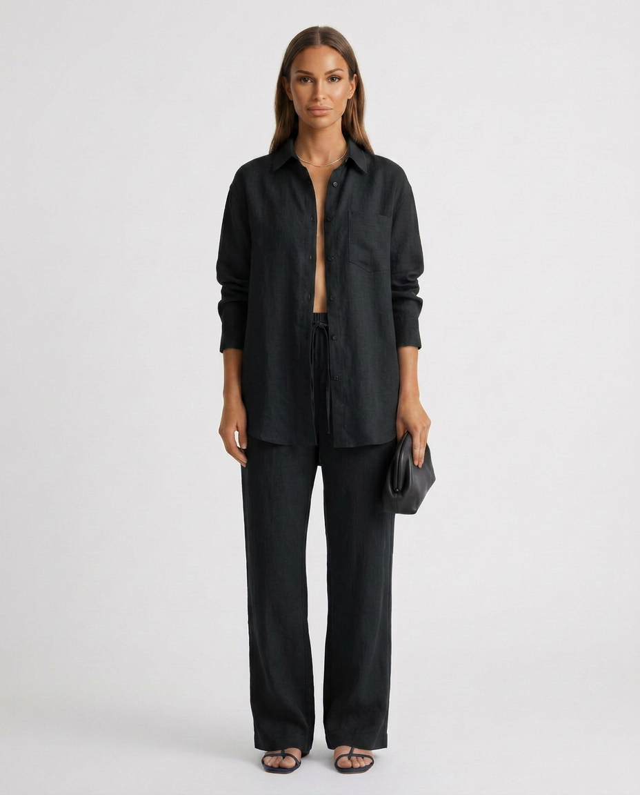 Model wearing a women's relaxed fit two-piece lounge set, perfect for stylish comfort.