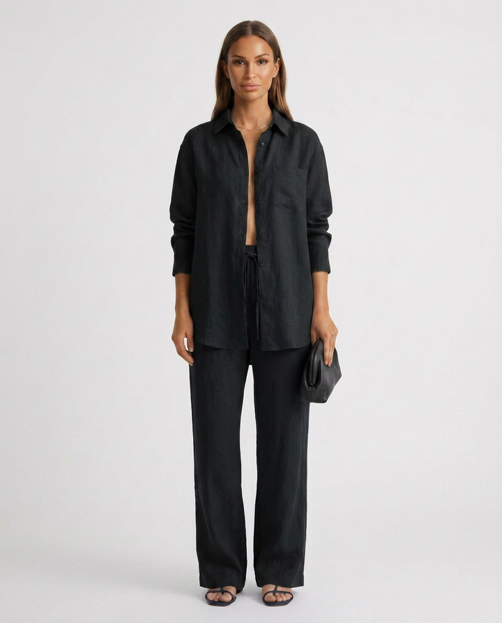Model wearing a women's relaxed fit two-piece lounge set, perfect for stylish comfort.