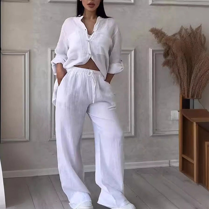 Women's relaxed fit two piece set: casual button down shirt & wide leg pants for spring/summer style.