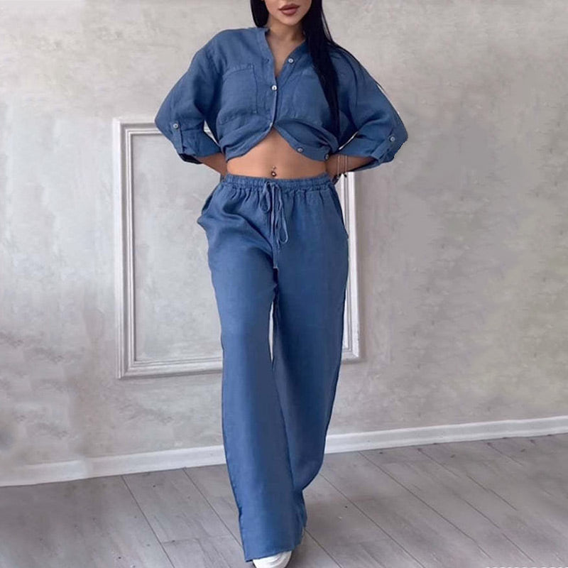 Casual women's loungewear set featuring a relaxed fit shirt and chic wide leg pants, perfect for comfort.