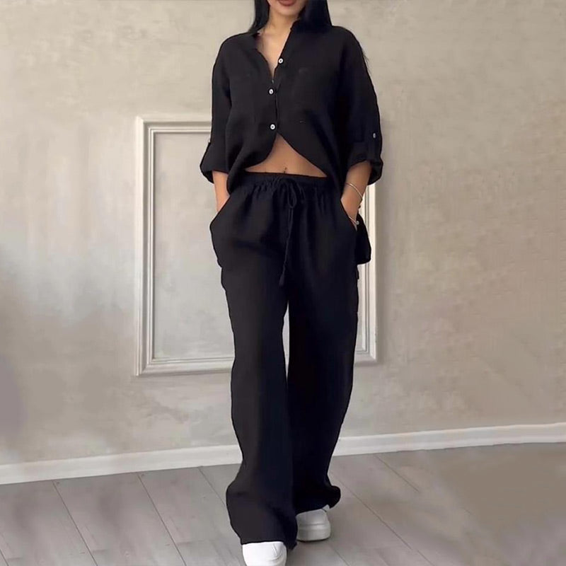 Versatile women's two piece set: button down top & wide leg trousers, ideal for vacation or daily wear.