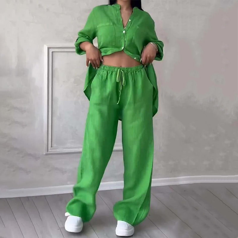 Summer ready women's matching set: lightweight button down shirt & wide leg pants, perfect for warm days.