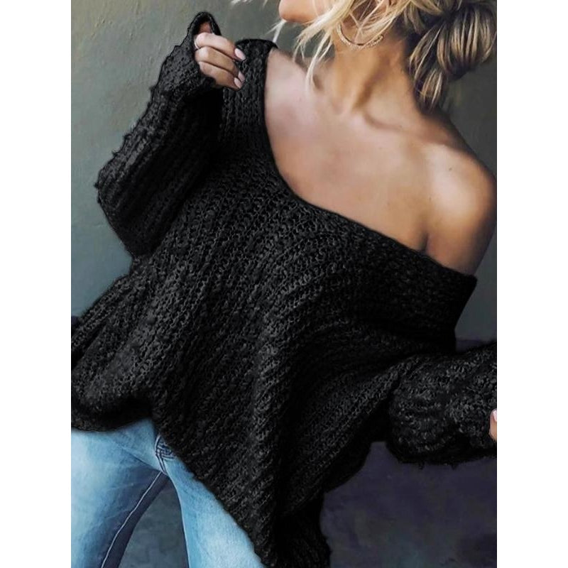 Front view of a stylish women's relaxed fit V-neck knit sweater, ideal for casual autumn fashion.