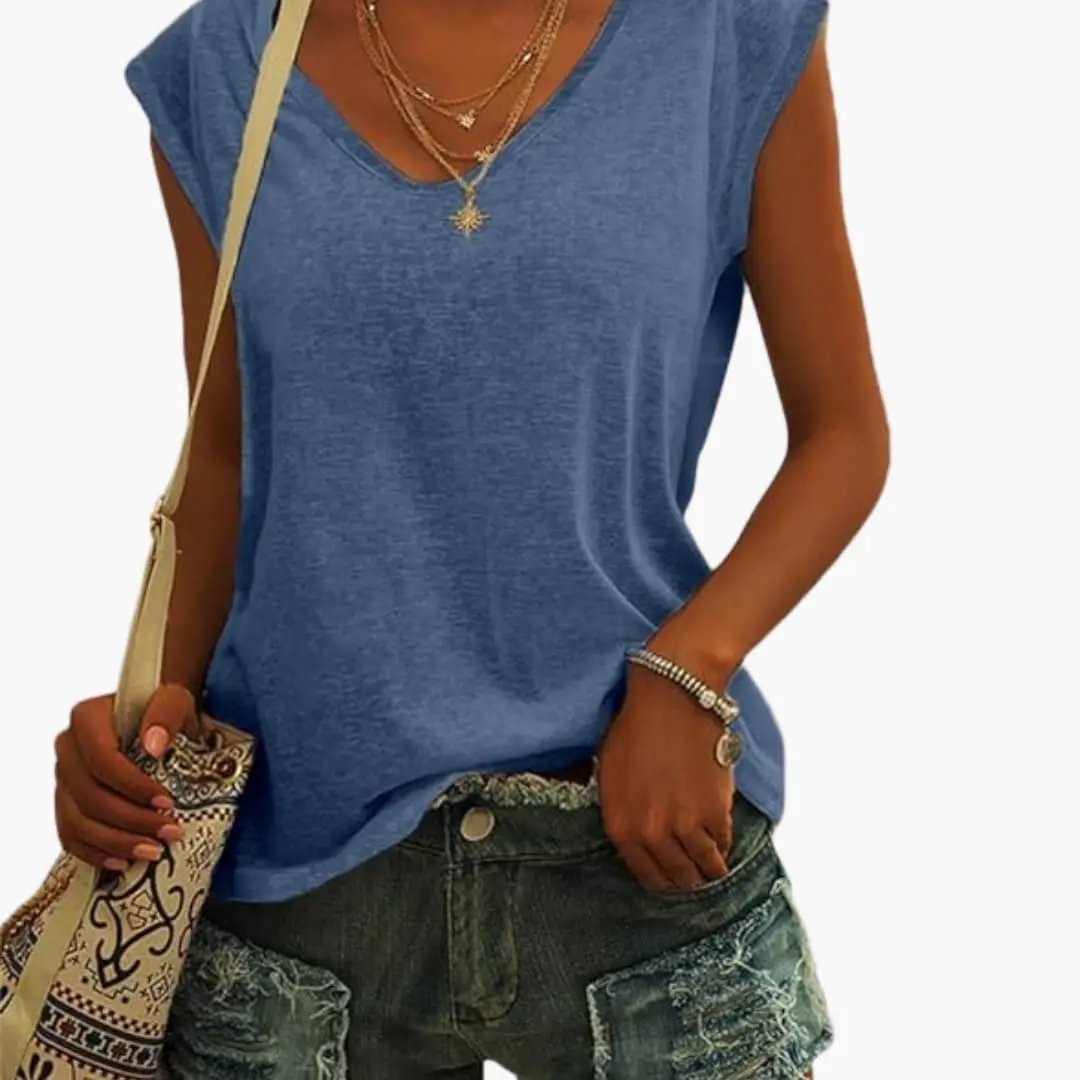 Comfortable women's sleeveless V-neck blouse, ideal for spring layering or a relaxed casual look.