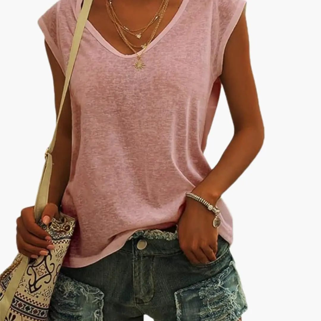 Front view of a chic women's V-neck sleeveless top, featuring a relaxed fit for ultimate comfort.