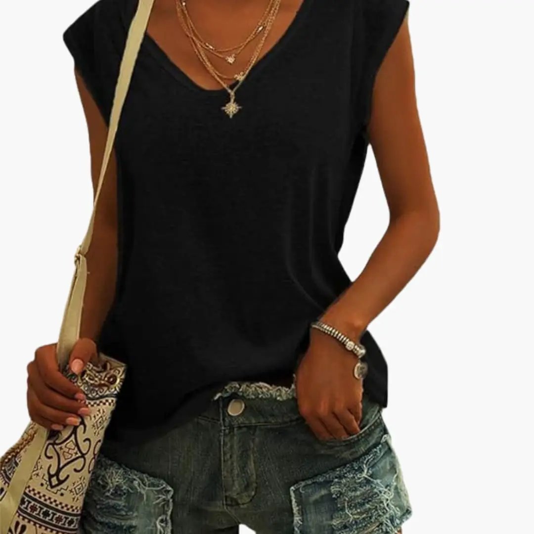 Relaxed fit women's sleeveless V-neck blouse, a comfortable and stylish addition to your summer wardrobe.