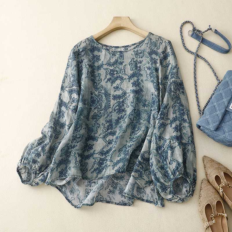 Versatile women's long sleeve watercolor floral blouse in green & blue hues, perfect casual chic top.