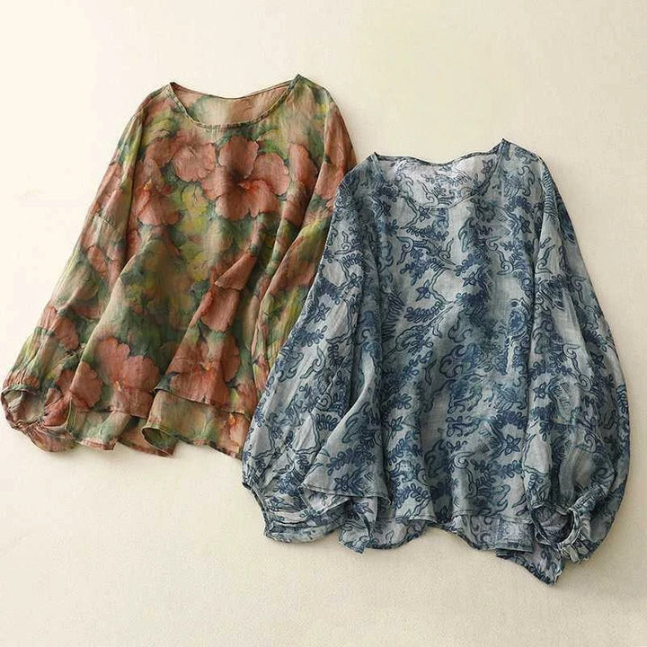 Airy watercolor floral print blouse for women, a comfortable relaxed fit long sleeve top for elegant spring fashion.