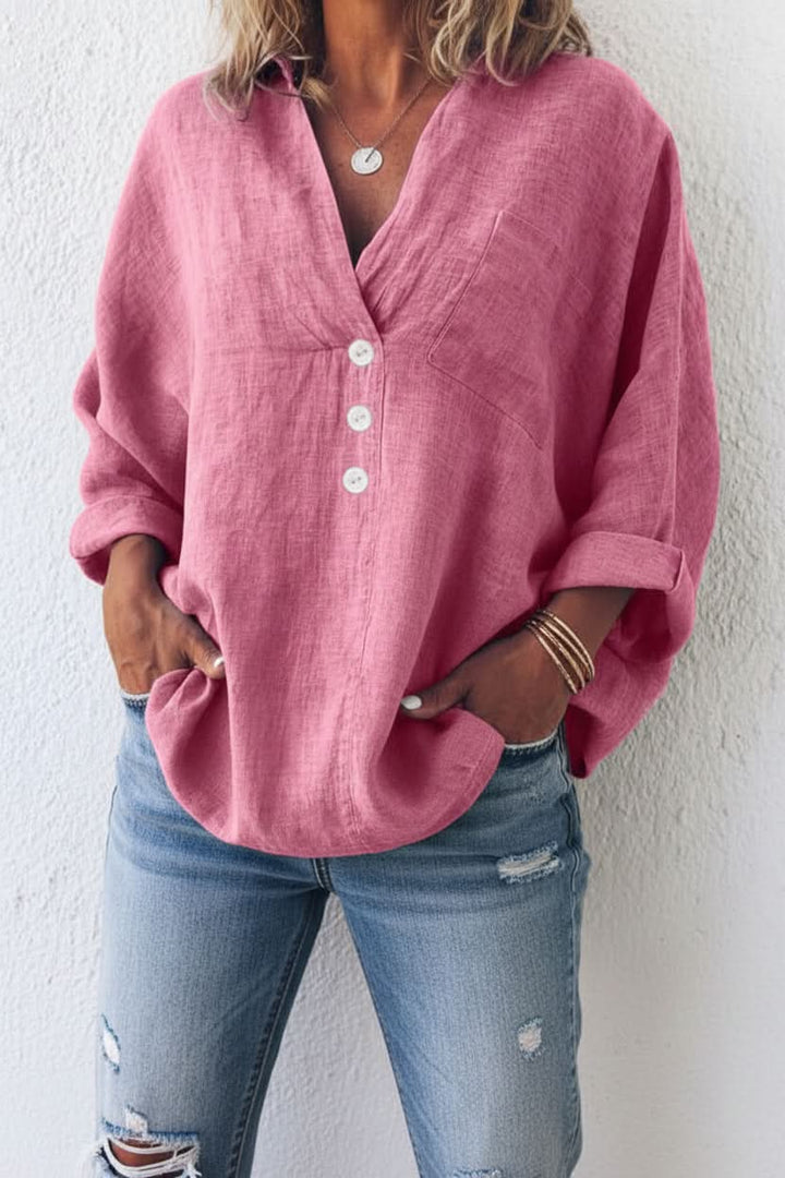 Women's relaxed open back long sleeve top, elegant for summer and everyday wear. Comfortable fashion blouse.