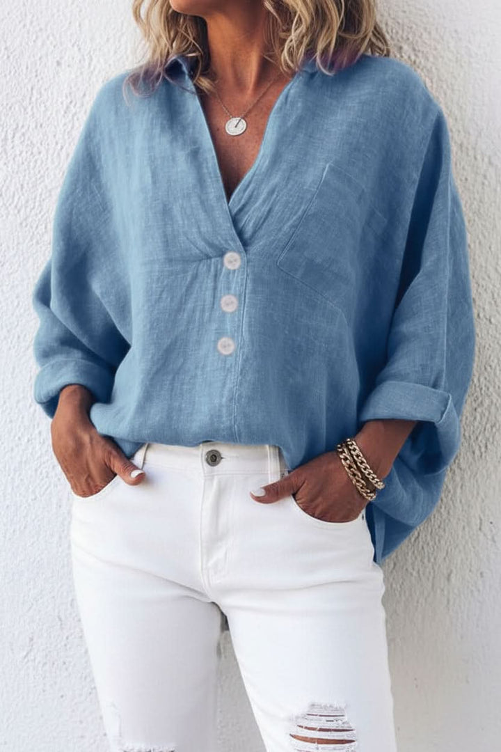 Relaxed women's open back top, long sleeve. Effortless style for a comfortable, elegant casual fashion blouse.