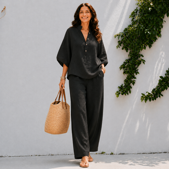 Summer style women's two-piece set with an oversized blouse & wide leg pants. Great for vacation & resort.