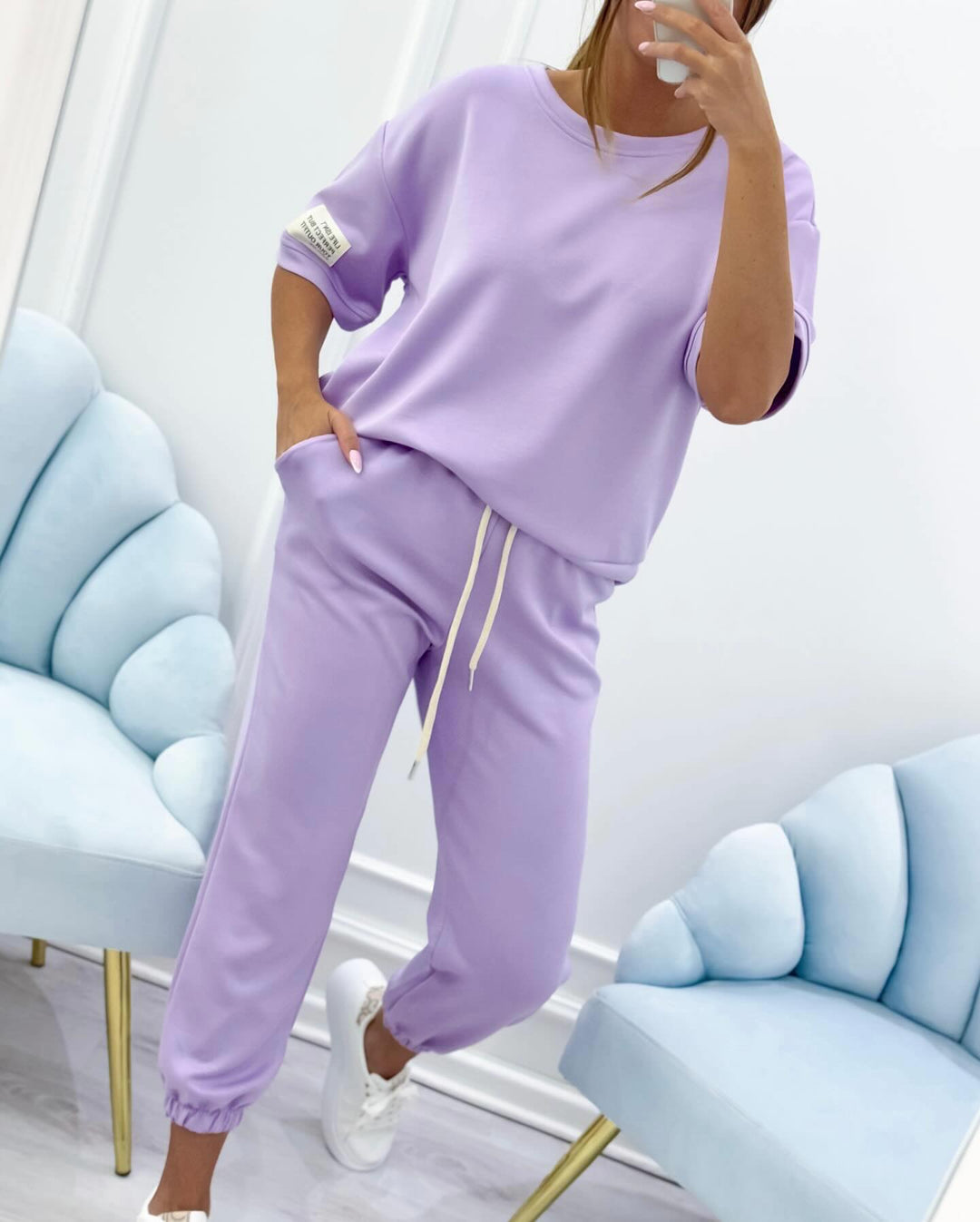 Breathable women's relaxed short sleeve set, ideal for casual everyday wear, lounging or summer travel.