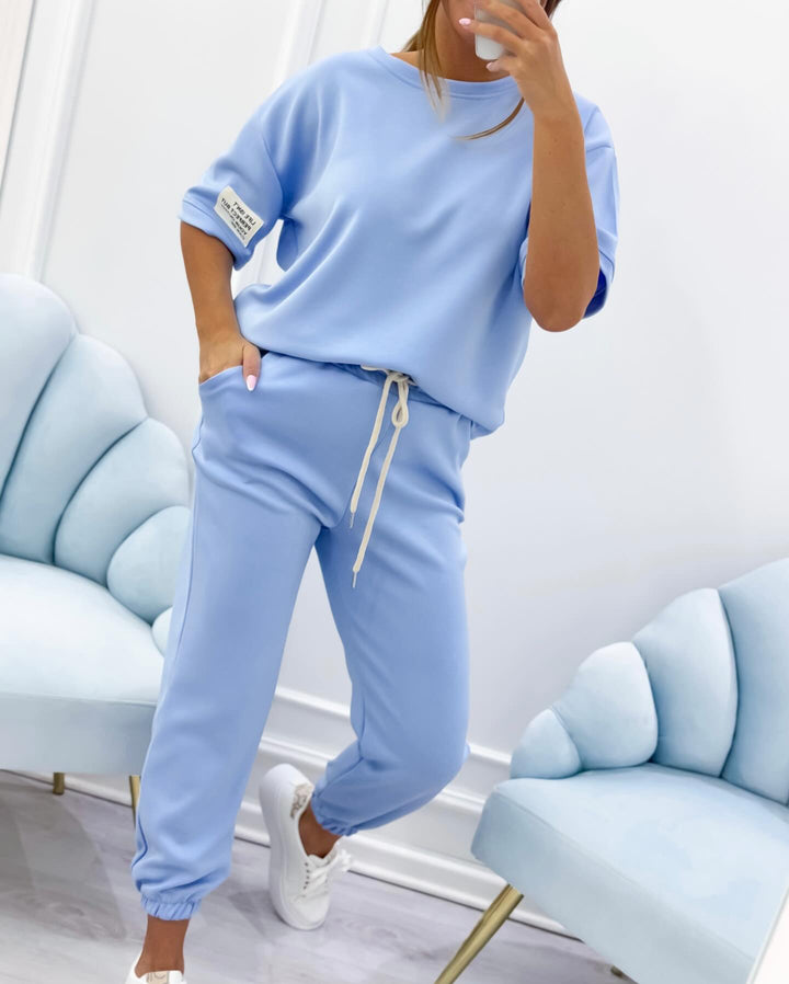 Relaxed fit women's short sleeve matching set, perfect for casual everyday comfort and summer style.